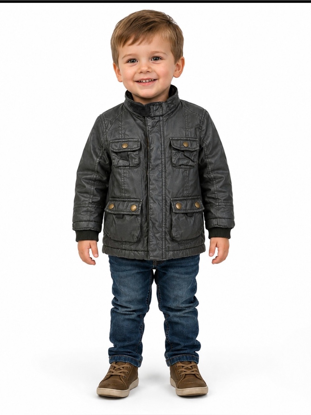 H&M Boy's Pleather Jacket Sz 2-3 Zip and Snap Up Fleece Lined 4 Pockets